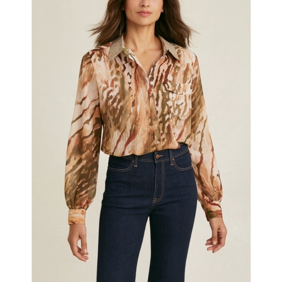 CHICOS 2 Neutral Zebra Chic Joceline Top Long Sleeve Sequin Collar - Picture 16 of 16